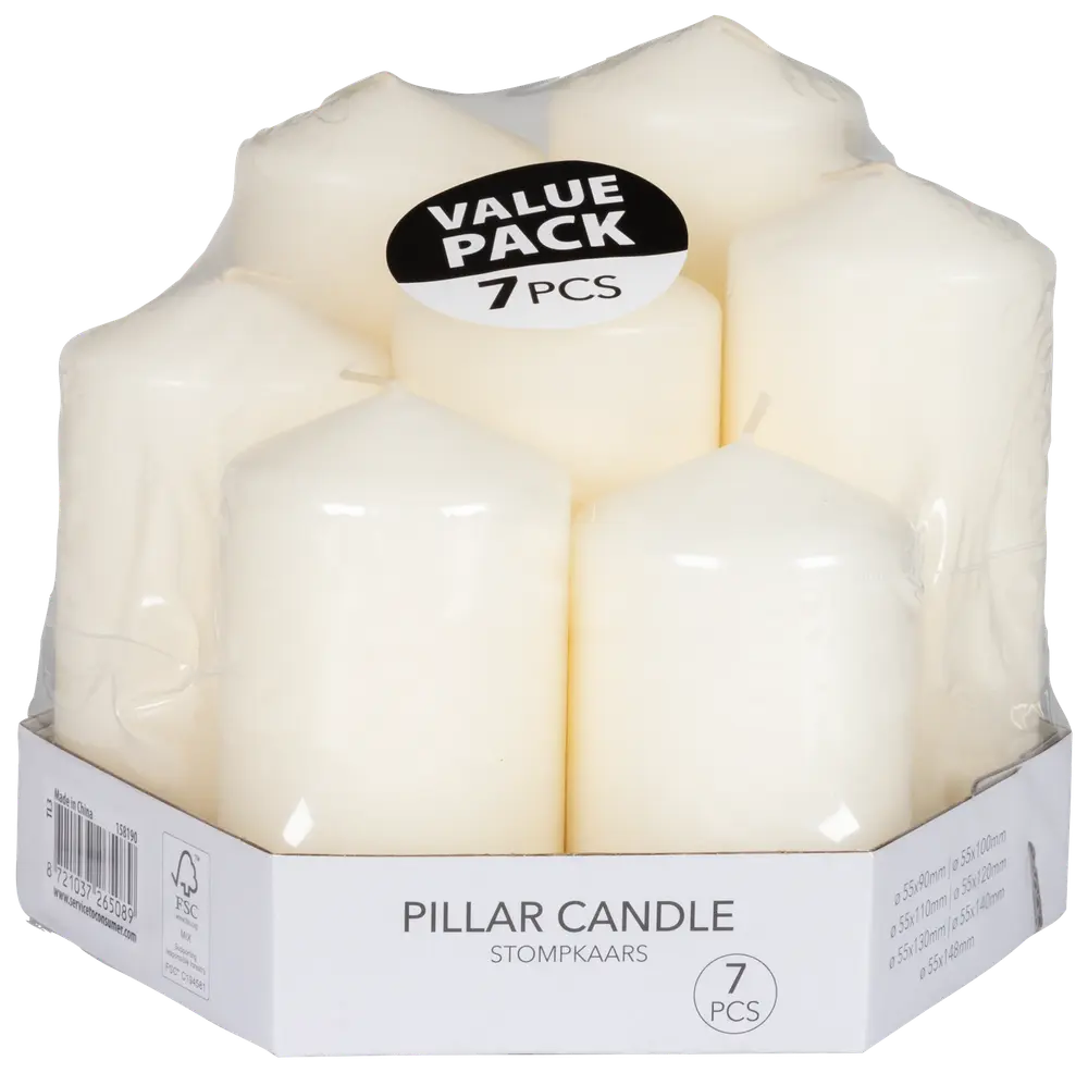Pakke med 7 duftfri hvide bloklys i forskellige størrelser, cylinderformede. Velegnet til boligindretning eller arrangementer. Leveres i klar plast- og papemballage med 'Value Pack'-mærkat.