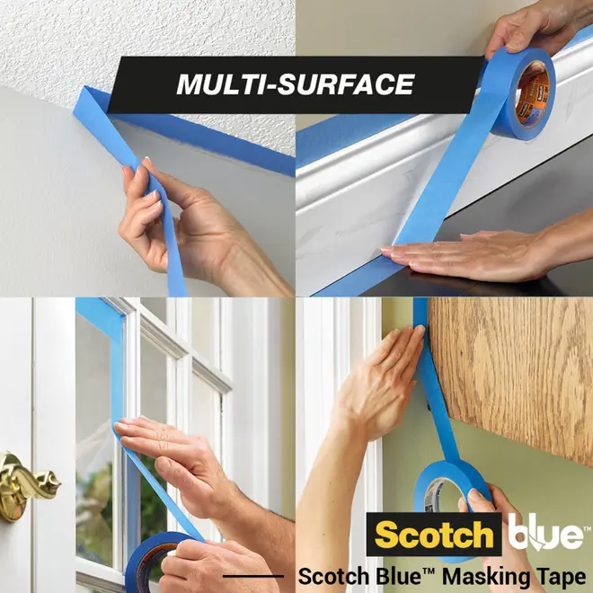 Scotch Blue malertape påføres forskellige overflader, herunder vægge, lister, vinduer og skabe. Velegnet til flere overflader, ideel til maler- og beskyttelsesopgaver.
