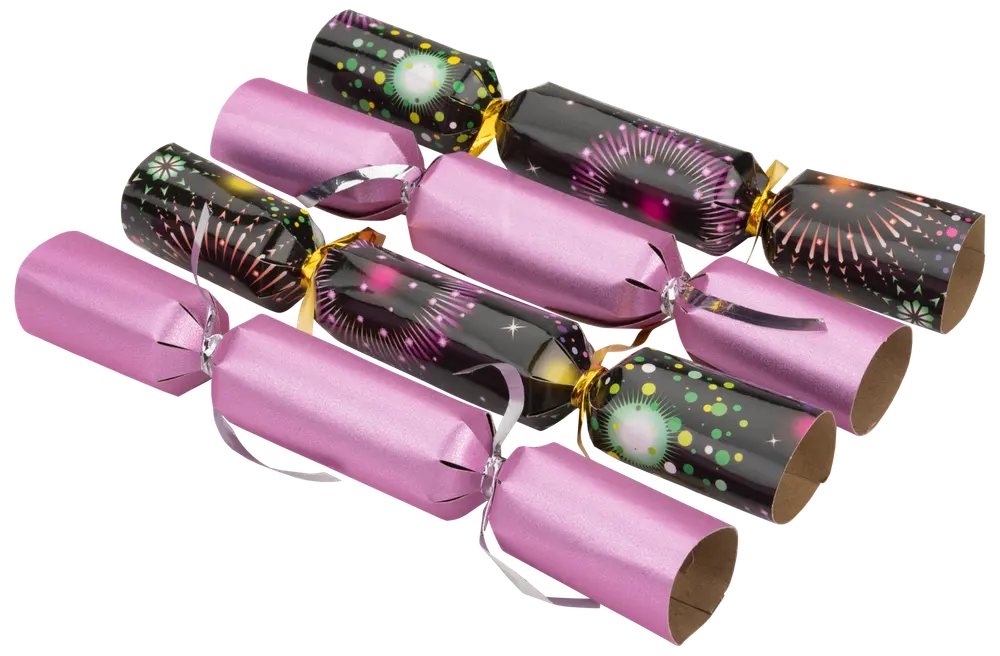 Set med åtta julsmällkarameller, fyra rosa och fyra svarta med färgglatt fyrverkerimönster, snurrade ändar och band, perfekta för festliga dukningar.