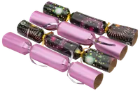 Förpackning med färgglada party poppers med svarta toppar och snören, dekorerade med festliga mönster. Engångsbruk, enkla att använda vid firanden och fester.