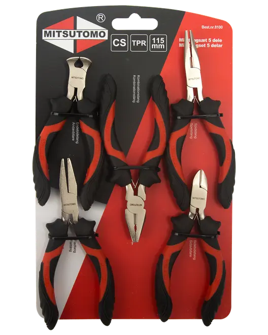 Sæt med fem Mitsutomo-tænger, hver 115 mm, med sorte og røde ergonomiske håndtag. Indeholder forskellige typer til greb, klipning og præcisionsarbejde. Leveres på displaykort.