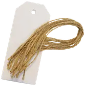 En bundt naturlig jutegarn fastgjort til et hvidt mærke med hul, velegnet til gaveindpakning, hobby eller mærkning. Snoren ser robust og rustik ud.