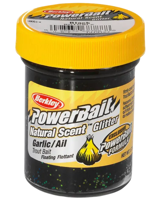 Burk med Berkley PowerBait Natural Scent Glitter, vitlökdoft, svart med glitter, gult lock, flytande formel, avsedd för att locka öring.