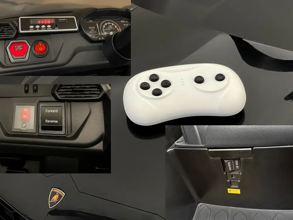 Elektrisk leksaksbil för barn med instrumentpanel, startknapp, framåt/bakåt-reglage, digital display, fjärrkontroll, USB-port och Lamborghini-logotyp på huven. Svart, modern design.