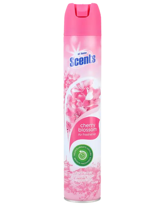 Lyserød At Home Scents kirsebærblomst luftfriskerspray med blomsterdesign og pink låg.