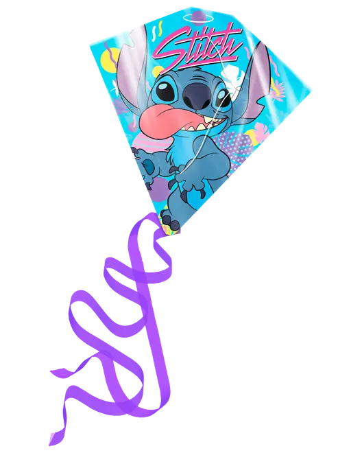 Diamantformad drake med Stitch-figur, livlig blå bakgrund, lila svansband och texten 'Stitch'. Tillverkad av lätt material, passar för utomhuslek.