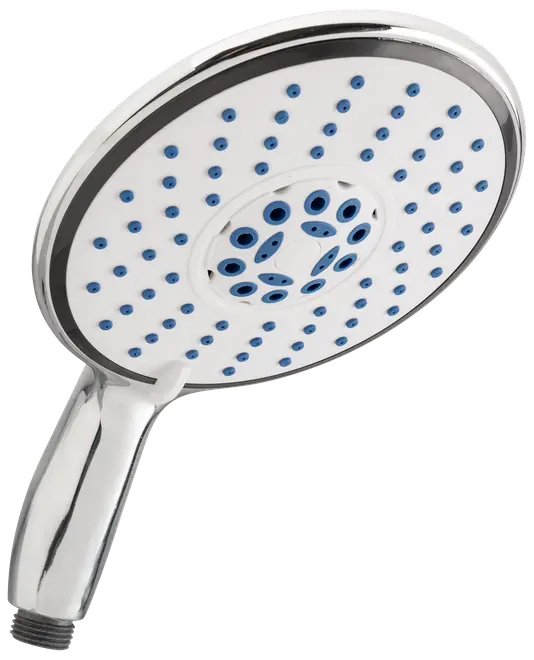 Rund håndbruser med kromhåndtag, hvid front og mange blå dyser til forskellige stråleindstillinger. Moderne design, passer til de fleste brusesystemer, nem at montere.