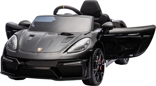 Sort elektrisk legetøjsbil til børn, designet som en Porsche sportsvogn, med realistiske detaljer, åbne døre, detaljerede forlygter, rat og sporty hjul. Velegnet til små børn.
