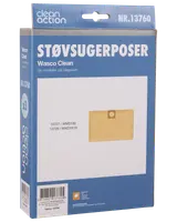 Pakke med Wasco Clean støvsugerposer, model NR.13760, indeholder 3 poser til modellerne 14727/WMD182 og 14728/MVD191S. Papkrave for sikker montering.