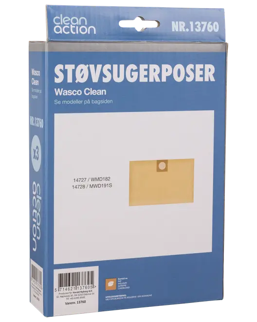 Förpackning med Wasco Clean dammsugarpåsar, modell NR.13760, innehåller 3 påsar för modellerna 14727/WMD182 och 14728/MVD191S. Kartongkrage för säker passform.