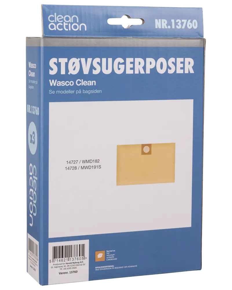 Pakke med Wasco Clean støvsugerposer, model NR.13760, indeholder 3 poser til modellerne 14727/WMD182 og 14728/MVD191S. Papkrave for sikker montering.