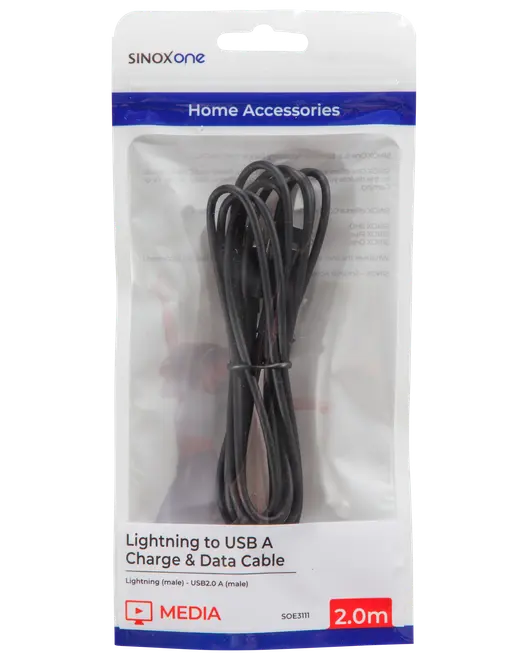 Sort Lightning til USB-A oplade- og datakabel, 2 meter langt. Leveres i klar plastpose. Velegnet til opladning og dataoverførsel. Han til han stik.