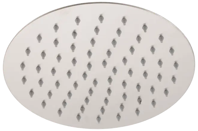 Rund brusehoved i rustfrit stål med flere jævnt fordelte dyser for bred vanddækning. Moderne design, nem at rengøre og korrosionsbestandig.