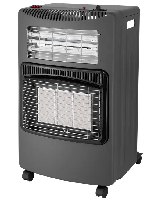 Portabel gasvärmare med svart metallhölje, skyddsgaller framtill, keramiska värmepaneler och hjul för enkel förflyttning. Passar inomhus, ger effektiv och justerbar värme.