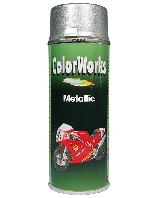 En spraydåse ColorWorks Metallic maling med sølvlåg og grøn etiket, der viser en rød motorcykel. Velegnet til bil- eller hobbybrug.