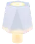 Moderne bordlampe med geometrisk hvid skærm, blød LED-belysning og cylindrisk base. Perfekt til soveværelser eller stuer, giver stilfuld og mild belysning.