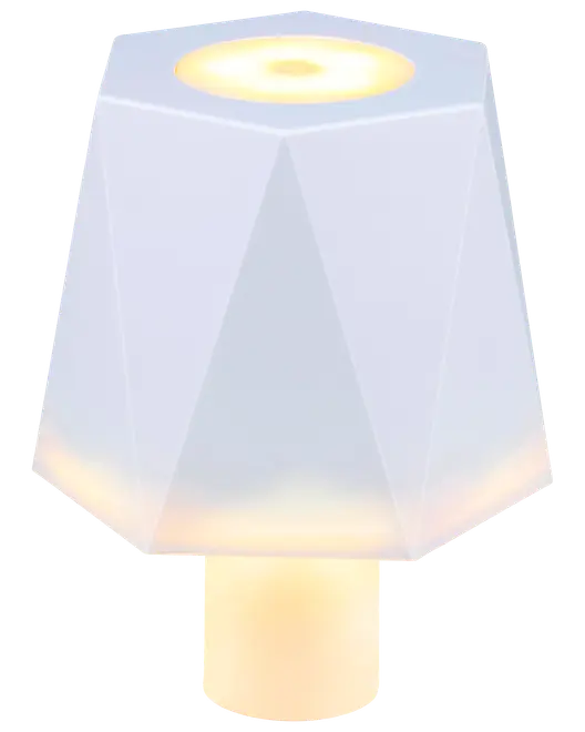 Moderne bordlampe med geometrisk hvid skærm, blød LED-belysning og cylindrisk base. Perfekt til soveværelser eller stuer, giver stilfuld og mild belysning.