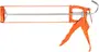 Orange fugepistol i metal med ergonomisk håndtag, udløsermekanisme og krog. Velegnet til standard patroner med fugemasse eller tætningsmiddel for præcis påføring.
