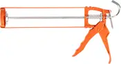Orange fugepistol i metal med ergonomisk håndtag, udløsermekanisme og krog. Velegnet til standard patroner med fugemasse eller tætningsmiddel for præcis påføring.