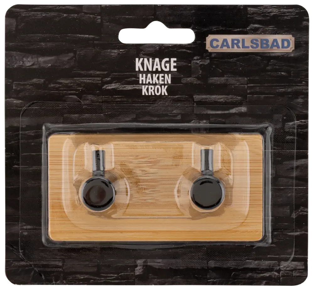 Väggkrokset med två svarta metallkrokar på en rektangulär bambuplatta, perfekt för jackor eller handdukar. Levereras i detaljförpackning.