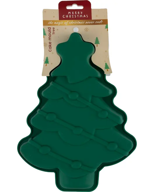 Grøn silikone kageform formet som et juletræ med dekorative linjer og kugler. Perfekt til julebagning, genanvendelig og nem at rengøre.