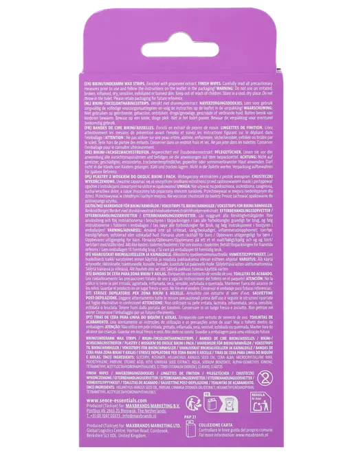 Bagside af lilla æske til bikini/brazilian voksstrips. Indeholder flersprogede instruktioner, ingrediensliste og sikkerhedsinformation. Ikoner for bortskaffelse og genbrug. Ophængningshul øverst.