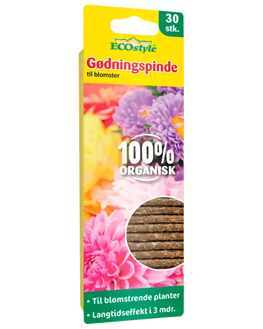 ECostyle 30 stk. 100% organiske gødningspinde til blomster, med langtidseffekt i 3 måneder, i gul emballage med blomster.