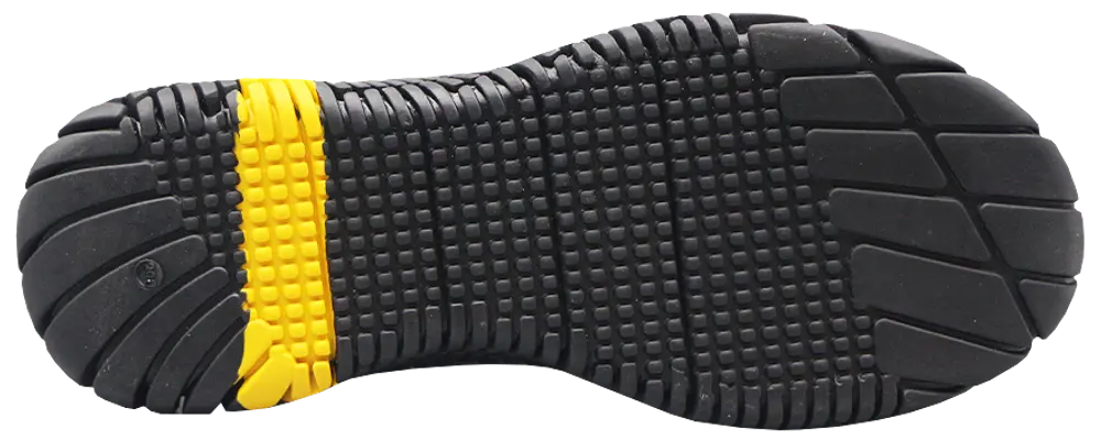 Svart gummisula med texturerat greppmönster, segmenterat slitbanemönster för flexibilitet och två gula band över mellanfoten för extra stil och grepp.