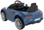 Blå elbil til børn, designet som en Mercedes-Benz cabriolet, med realistiske detaljer som rat, spejle, baglygter og sølvfarvede hjul. Velegnet til leg inde og ude.