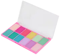 Øjenskyggepalette med tolv levende pastelfarver i et lyserødt etui, blanding af matte og glitrende nuancer. Har gennemsigtigt låg for nem farvevalg og beskyttelse.
