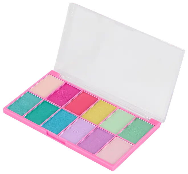 Øjenskyggepalette med tolv levende pastelfarver i et lyserødt etui, blanding af matte og glitrende nuancer. Har gennemsigtigt låg for nem farvevalg og beskyttelse.
