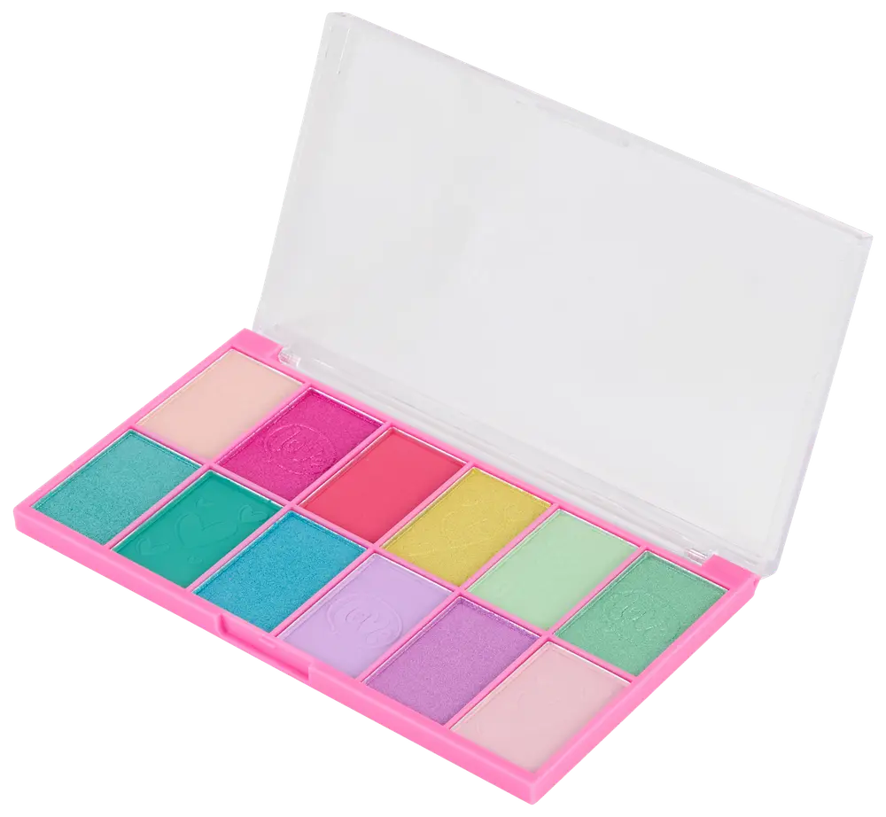 Øjenskyggepalette med tolv levende pastelfarver i et lyserødt etui, blanding af matte og glitrende nuancer. Har gennemsigtigt låg for nem farvevalg og beskyttelse.