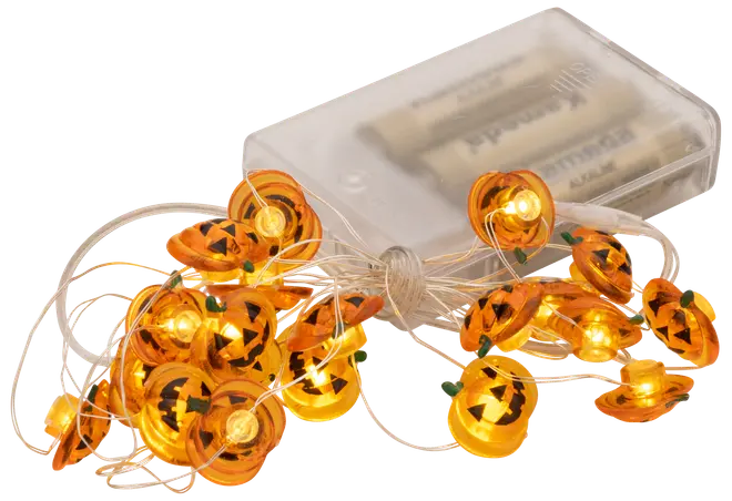 Batteridriven ljusslinga med små orange plastpumpor och LED-lampor. Kompakt batteridosa medföljer. Perfekt för Halloween-dekoration inomhus.