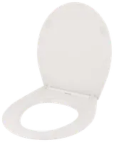 Vit oval toalettsits med lock, tillverkad av hållbar plast. Slät yta, standardfästen, passar de flesta toaletter. Enkel att rengöra och montera.