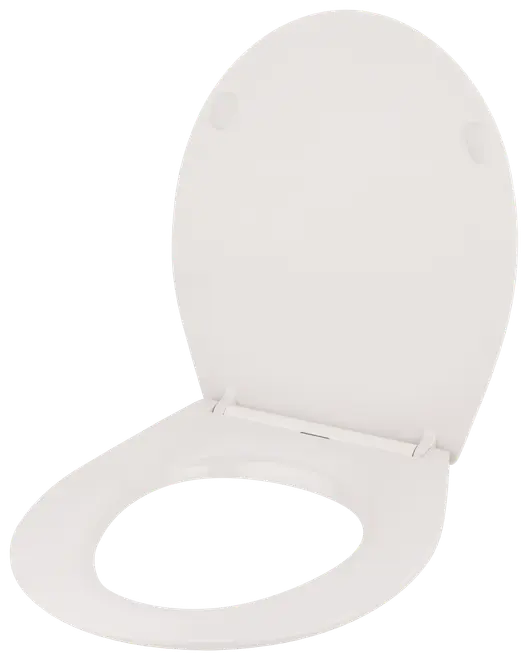 Vit oval toalettsits med lock, tillverkad av hållbar plast. Slät yta, standardfästen, passar de flesta toaletter. Enkel att rengöra och montera.