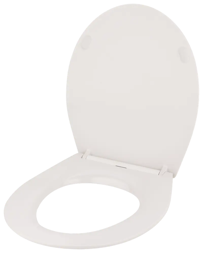 Vit oval toalettsits med lock, tillverkad av hållbar plast. Slät yta, standardfästen, passar de flesta toaletter. Enkel att rengöra och montera.