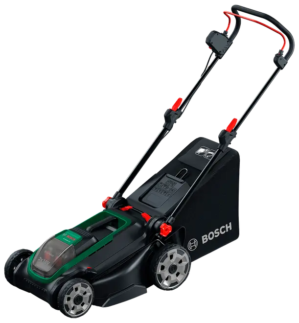 Bosch batteridrevet plæneklipper med sort og grøn krop, stor græsopsamler, justerbart håndtag og robuste hjul. Ideel til effektiv og støjsvag plænepleje.