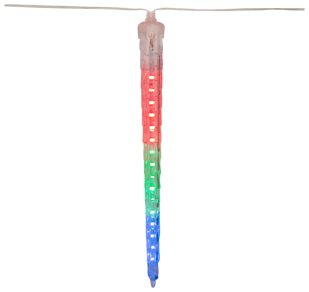 LED-iskristallampa med röd, grön och blå sektion. Klar plastkapsling, vertikal rörform, för upphängning som fest- eller dekorationsbelysning inomhus eller utomhus.