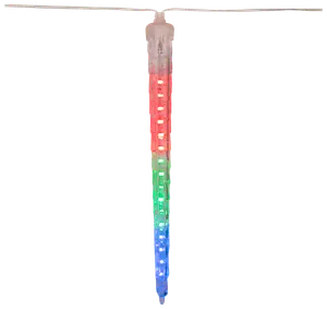 LED-istaplys med rød, grøn og blå sektion. Klar plastkapsel, lodret rørform, designet til ophængning som fest- eller dekorationsbelysning inde eller ude.
