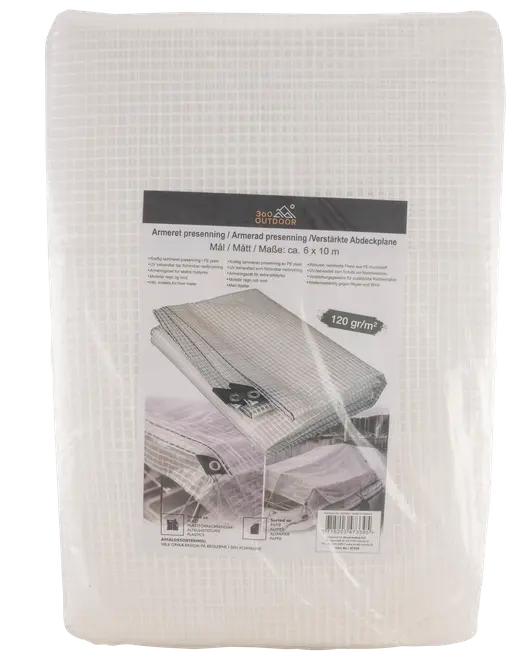 Vikt genomskinlig vit förstärkt presenning i förpackning, märkt ca 6 x 10 m och 120 g/m², med produktbild och streckkod.