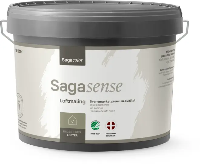 Sagacolor Sagasense loftmaling, 9 liters spand, grå låg, miljømærket, premium kvalitet, til indendørs lofter, let påføring, mat finish, produceret i Danmark.
