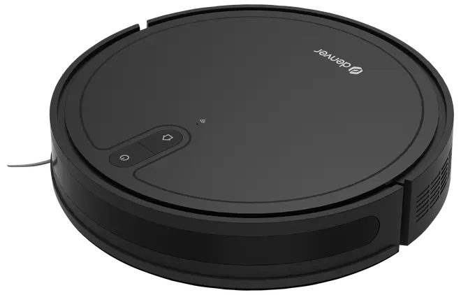 Rund, sort robotstøvsuger med enkle kontrolknapper på toppen, sideventiler og lav profil, der gør den velegnet til rengøring under møbler. Mærket "Denver" ses på låget.
