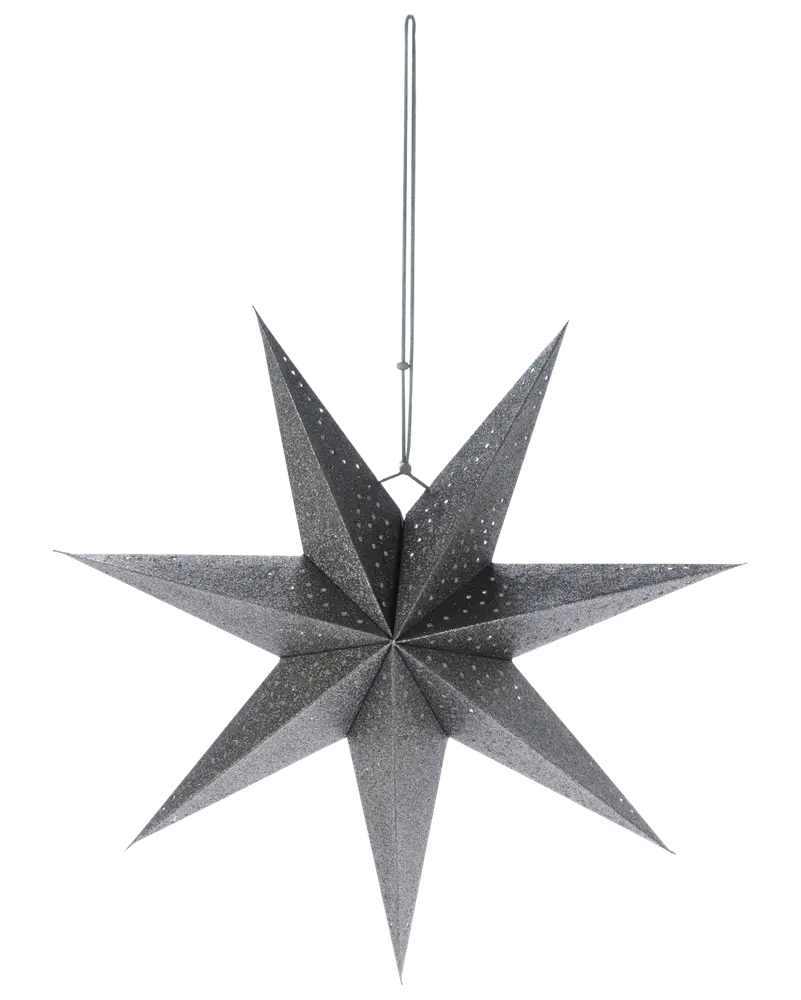 Åttaspetsad hängande stjärndekoration i glittrigt svart papper med små utskurna hål. Med matchande band för upphängning. Perfekt för festlig eller juldekoration.