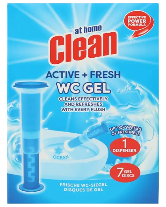 Clean Active + Fresh WC Gel toiletrens i æske med havduft, 1 dispenser og 7 gel-diske, op til 7 ugers friskhed.