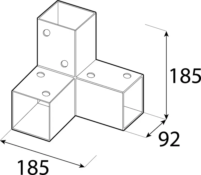 Metalforbinder med tre firkantede rør samlet i rette vinkler, hvert rør har cirkulære huller. Mål: 185mm x 185mm x 92mm. Egnet til strukturel eller modulopbygning.