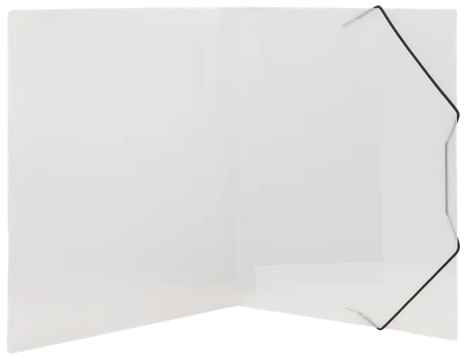 Transparent plastmapp med elastiskt band, öppen för att visa insidan. Två innerflikar och svarta hörnband håller dokumenten på plats.