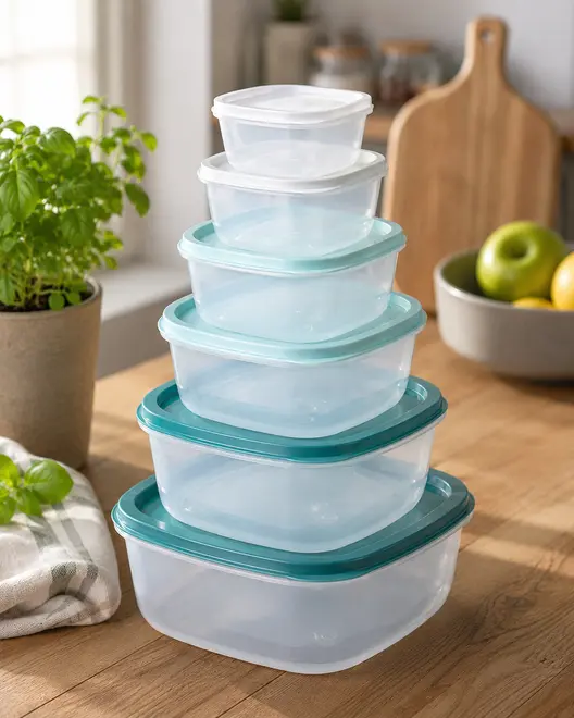 Sæt med seks gennemsigtige plastikopbevaringsbokse med matchende låg i forskellige størrelser, stabelbare, perfekte til madopbevaring og køkkenorganisering. Låg i blå og hvid.