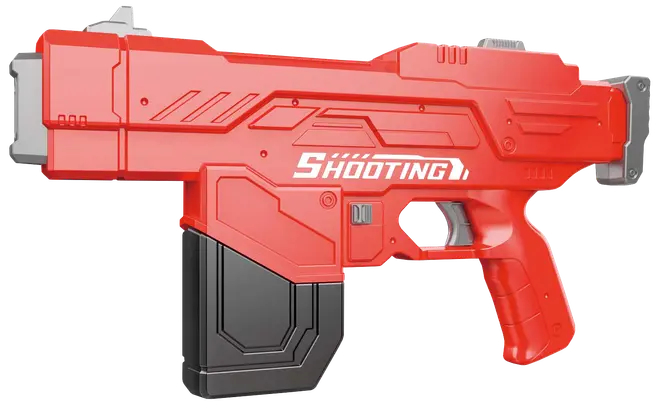 Rød plastik legetøjspistol med futuristisk design, sort magasin og hvid "Shooting" tekst på siden. Ergonomisk greb og aftrækker, velegnet til børns leg eller udklædning.