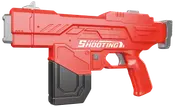 Rød plastik legetøjspistol med futuristisk design, sort magasin og hvid "Shooting" tekst på siden. Ergonomisk greb og aftrækker, velegnet til børns leg eller udklædning.