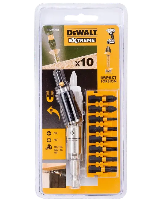 DeWalt Extreme Impact Torsion skruvbitsset med 10 olika bits och magnetisk bithållare, passar olika skruvtyper, levereras i genomskinlig plastförpackning.